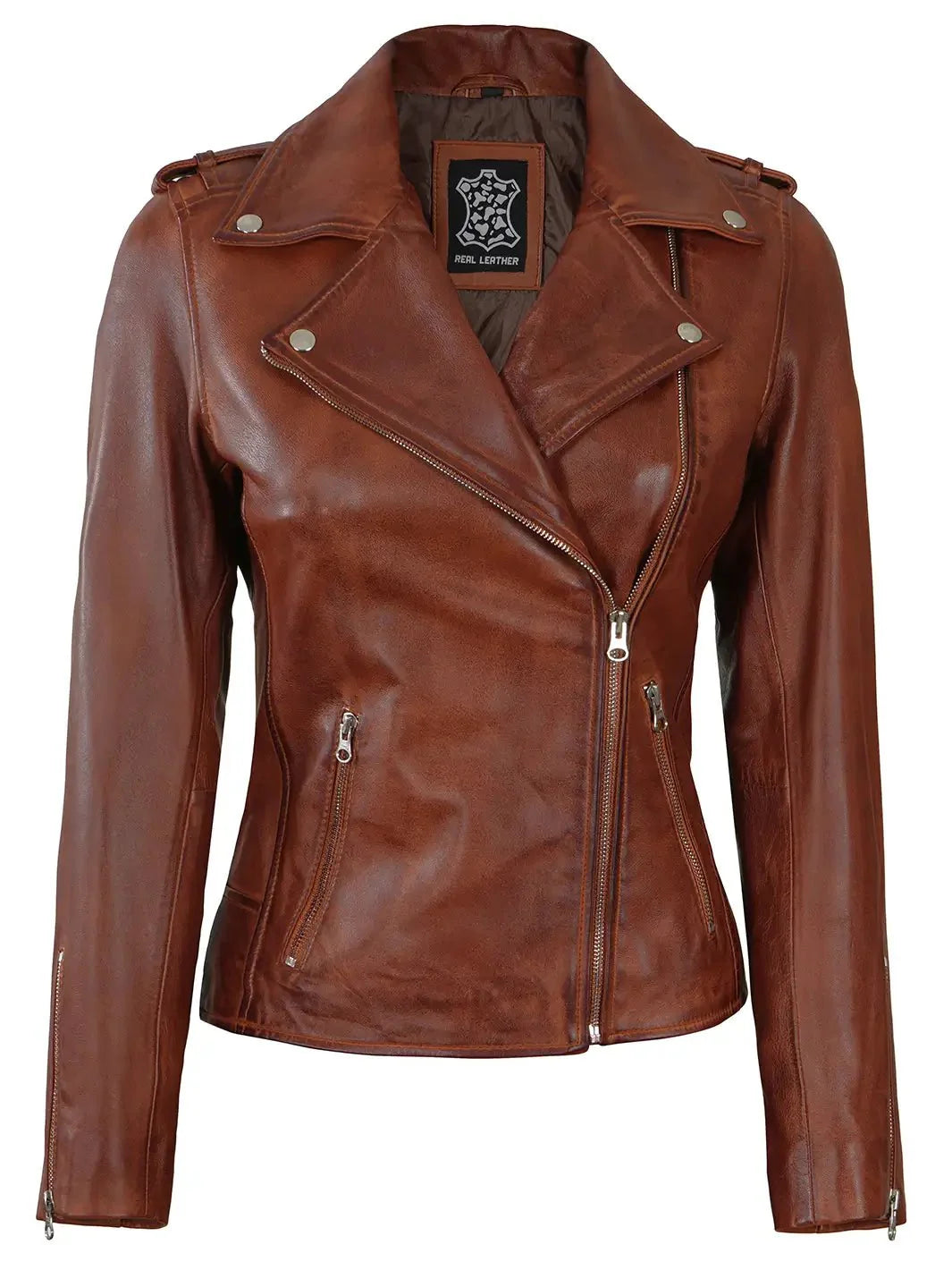 Women Asymmetrical Cognac Brown Motorcycle Leather Jacket - Rare Leather