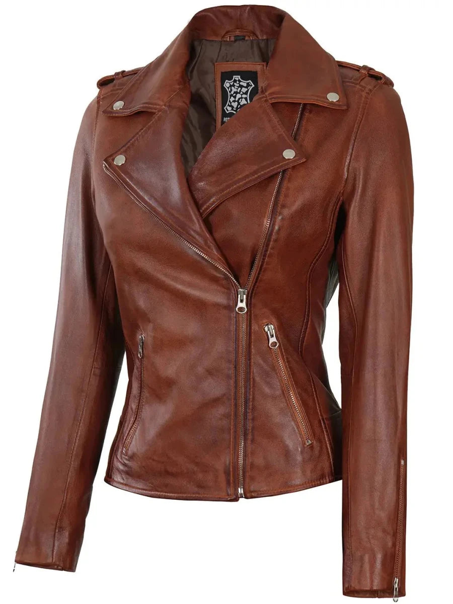 Women Asymmetrical Cognac Brown Motorcycle Leather Jacket - Vox Leather