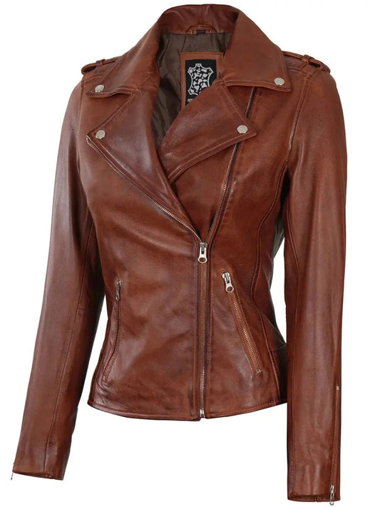 Women Asymmetrical Cognac Brown Motorcycle Leather Jacket - Vox Leather