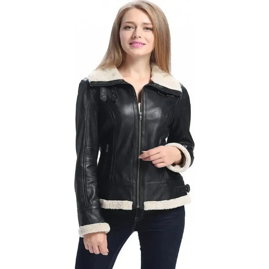 Women B3 Bomber Black Sheepskin Shearling Leather Jacket - Vox Leather