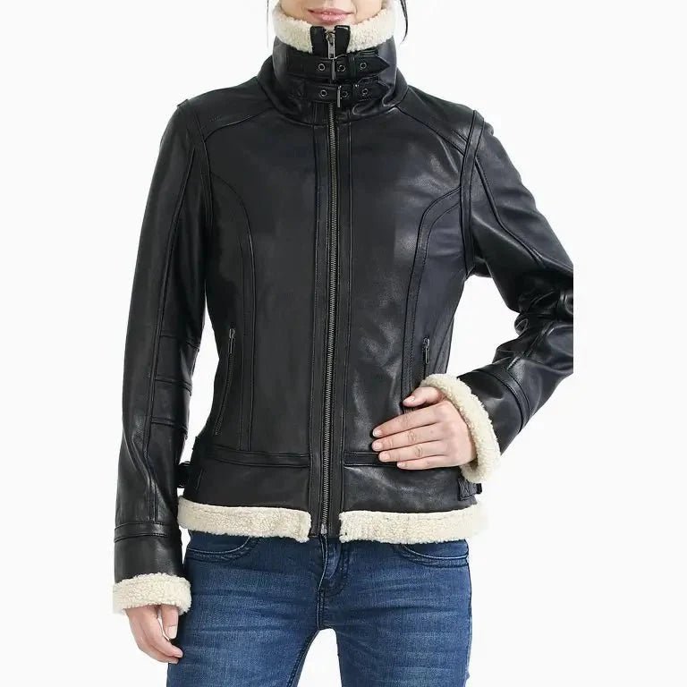 Women B3 Bomber Black Sheepskin Shearling Leather Jacket - Vox Leather