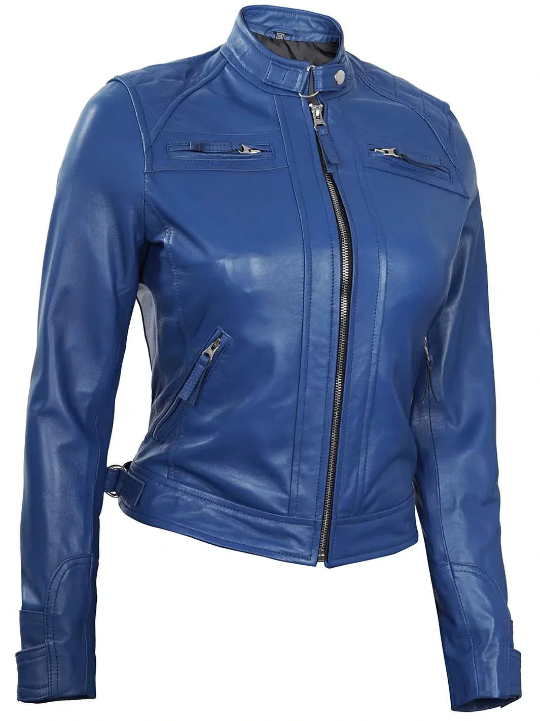 Women Blue Diamond Cafe Racer Real Leather Jacket - Rare Leather
