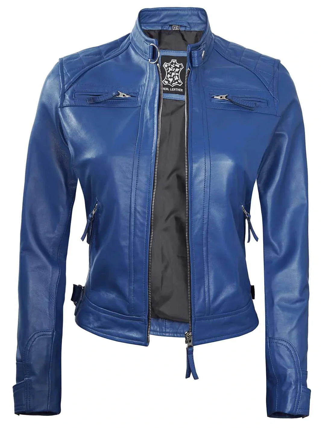 Women Blue Diamond Cafe Racer Real Leather Jacket - Rare Leather