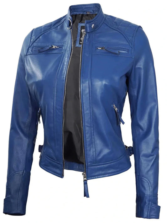 Women Blue Diamond Cafe Racer Real Leather Jacket - Vox Leather