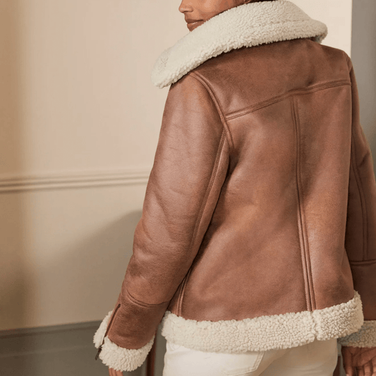 Women Brown Sheepskin Shearling Leather Aviator Jacket - Rare Leather