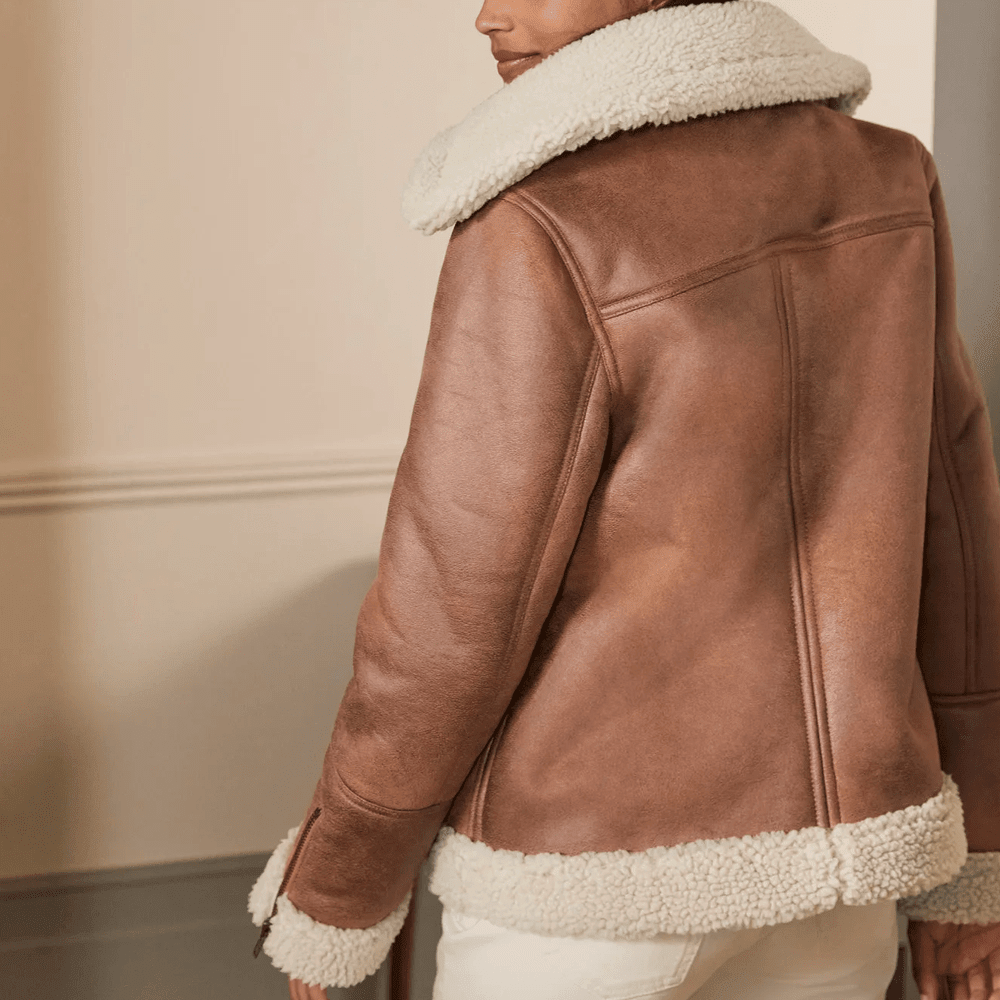 Women Brown Sheepskin Shearling Leather Aviator Jacket - Vox Leather