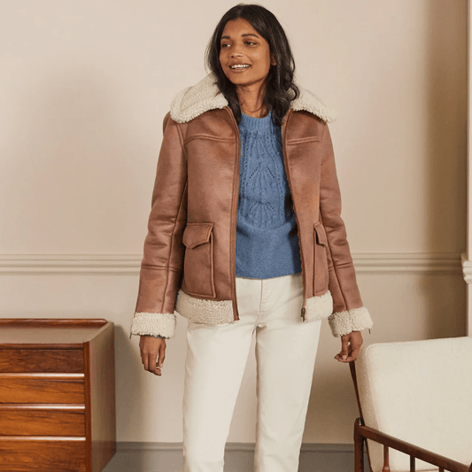 Women Brown Sheepskin Shearling Leather Aviator Jacket - Vox Leather