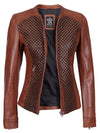 Women Brown Textured Cafe Racer Leather Jacket - Rare Leather