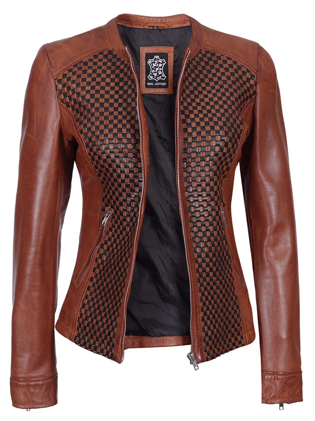 Women Brown Textured Cafe Racer Leather Jacket - Rare Leather