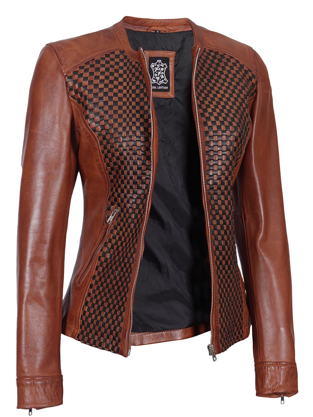 Women Brown Textured Cafe Racer Leather Jacket - Rare Leather