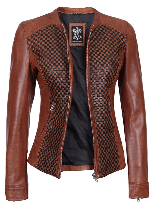 Women Brown Textured Cafe Racer Leather Jacket - Vox Leather