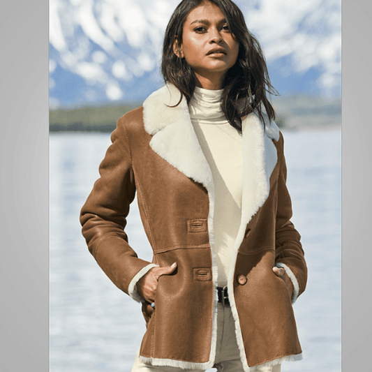 Women Camel Brown B3 Shearling Pilot Leather Aviator Jacket - Vox Leather