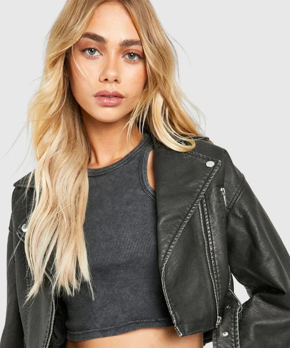 Women distressed cropped leather jacket - Vox Leather