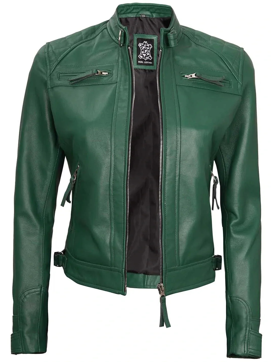 Women Green Diamond Cafe Racer Real Leather Jacket - Rare Leather