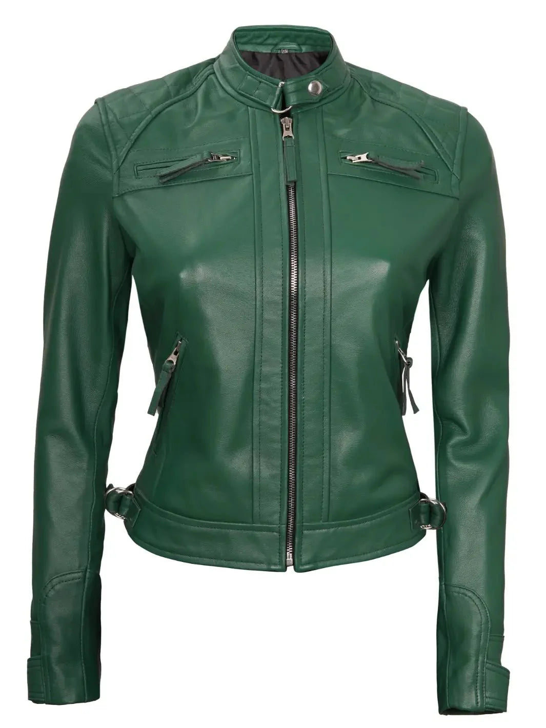 Women Green Diamond Cafe Racer Real Leather Jacket - Rare Leather