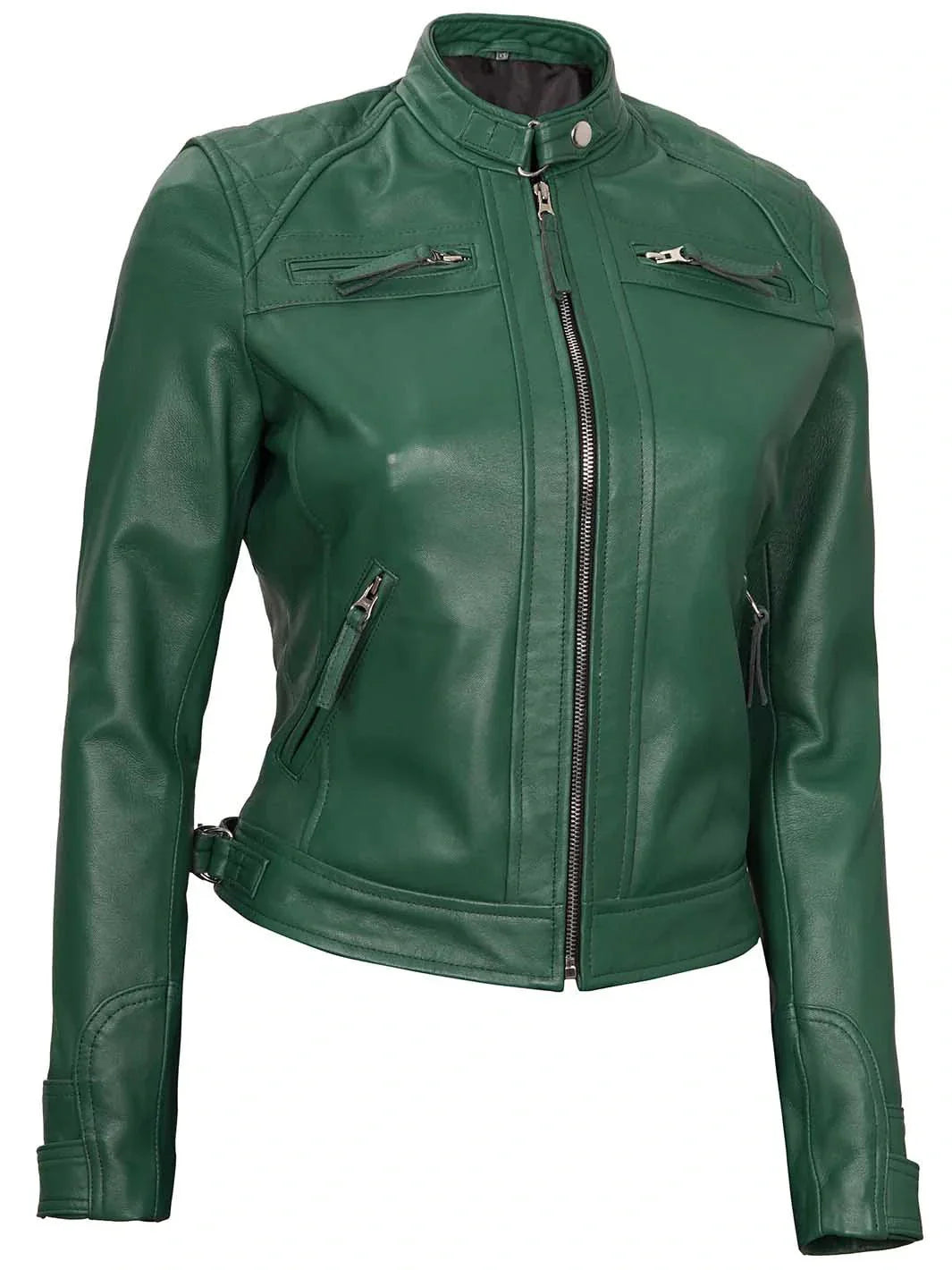 Women Green Diamond Cafe Racer Real Leather Jacket - Rare Leather