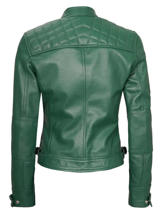 Women Green Diamond Cafe Racer Real Leather Jacket - Rare Leather