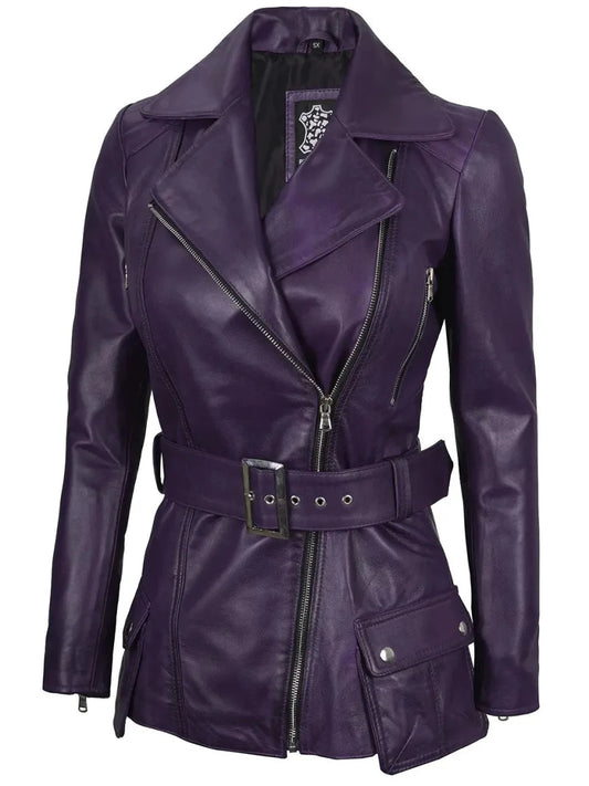 Women Purple Asymmetrical Leather Biker Jacket Women - Vox Leather