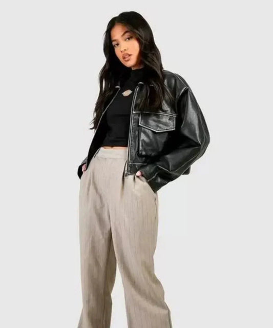 Women Vintage Pocket Detail Leather Jacket - Rare Leather