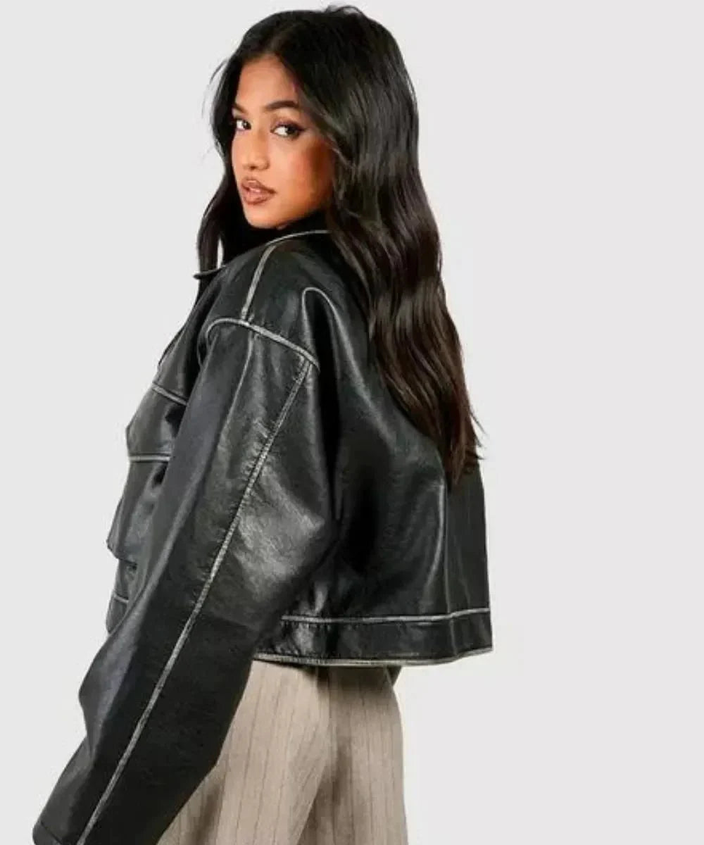 Women Vintage Pocket Detail Leather Jacket - Rare Leather