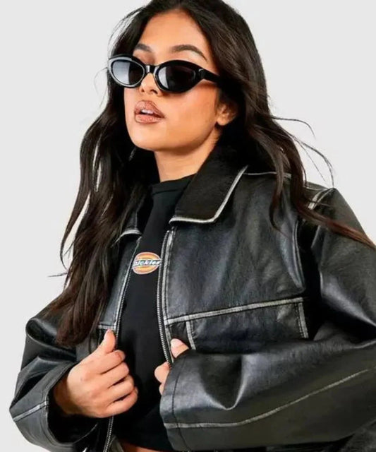 Women Vintage Pocket Detail Leather Jacket - Vox Leather