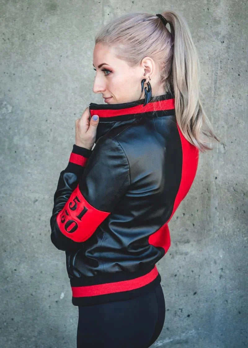 Womens 51 50 Bomber Black and Red Leather Jacket - Rare Leather