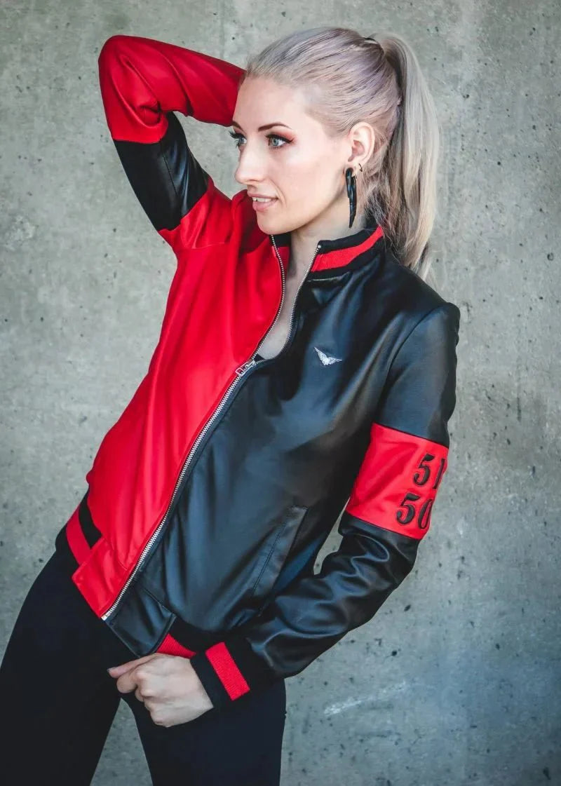 Womens 51 50 Bomber Black and Red Leather Jacket - Rare Leather