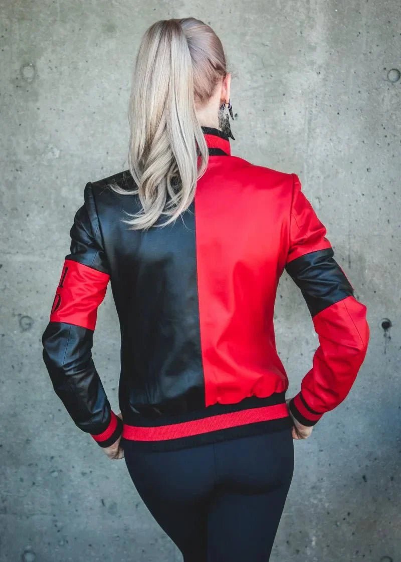 Womens 51 50 Bomber Black and Red Leather Jacket - Vox Leather
