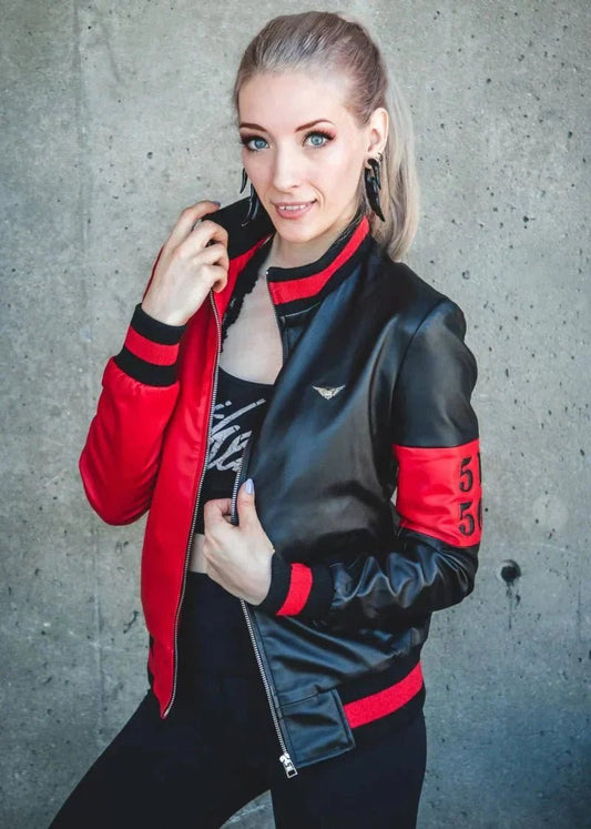 Womens 51 50 Bomber Black and Red Leather Jacket - Vox Leather