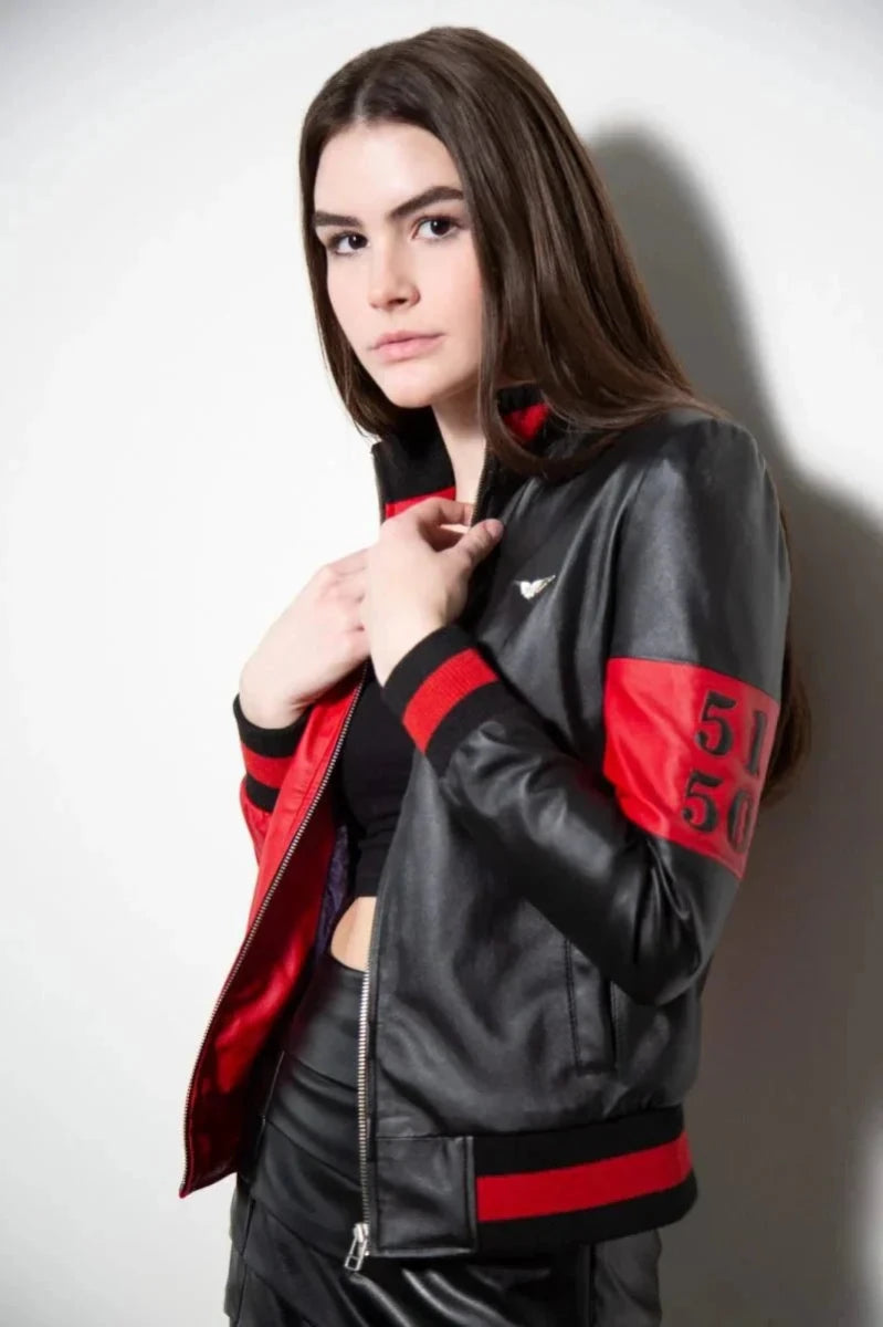 Womens 51 50 Bomber Black and Red Leather Jacket - Vox Leather