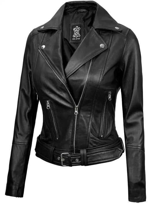 Womens Asymmetrical Black Biker Leather Jacket - Vox Leather