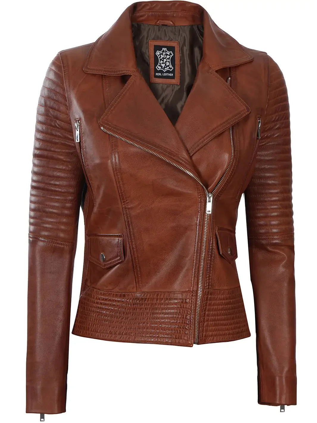 Womens Asymmetrical Cognac Wax Motorcycle Leather Jacket - Rare Leather