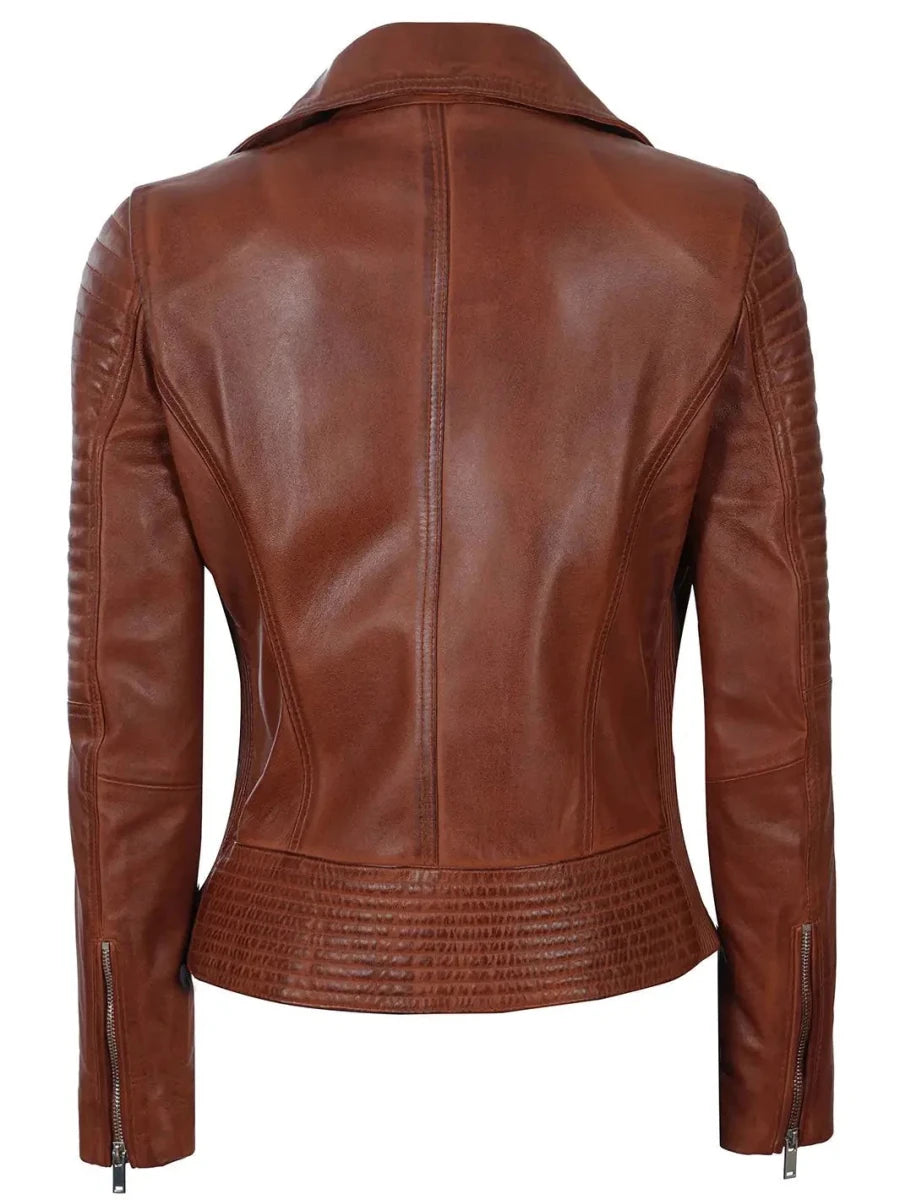Womens Asymmetrical Cognac Wax Motorcycle Leather Jacket - Vox Leather
