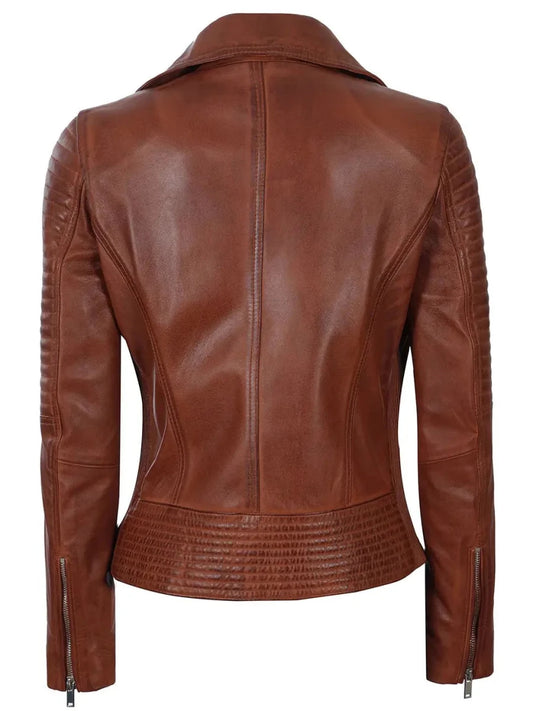 Womens Asymmetrical Cognac Wax Motorcycle Leather Jacket - Vox Leather