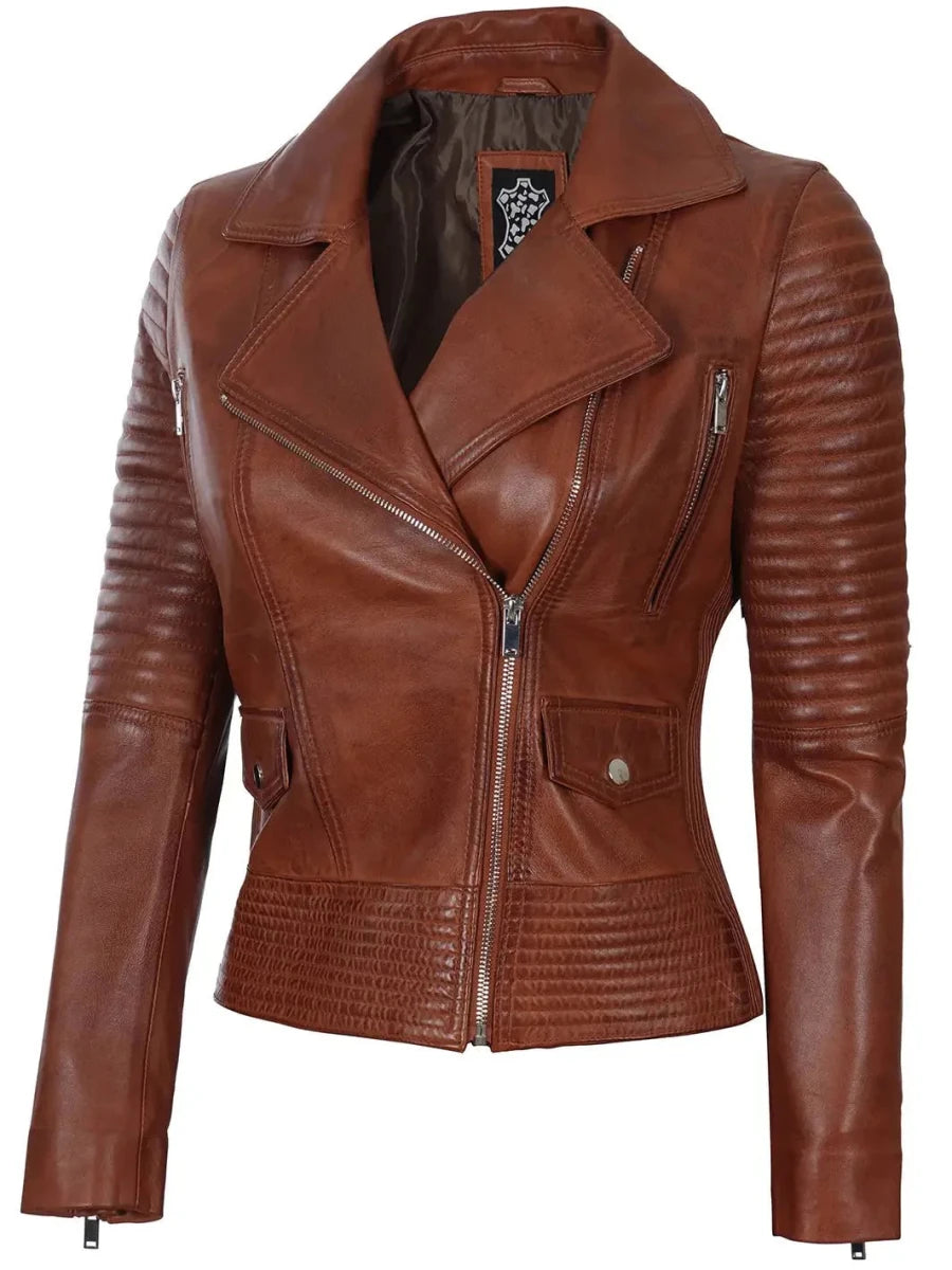 Womens Asymmetrical Cognac Wax Motorcycle Leather Jacket - Vox Leather