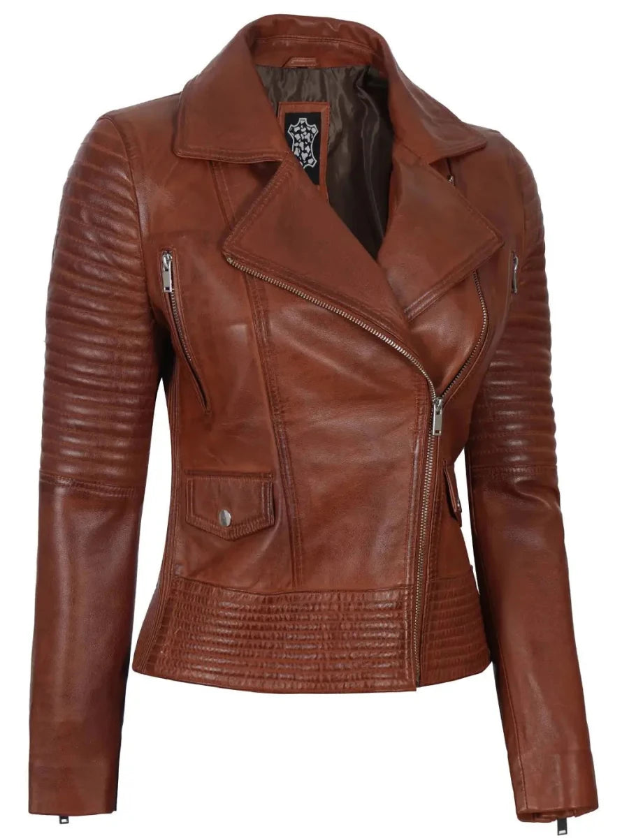 Womens Asymmetrical Cognac Wax Motorcycle Leather Jacket - Vox Leather