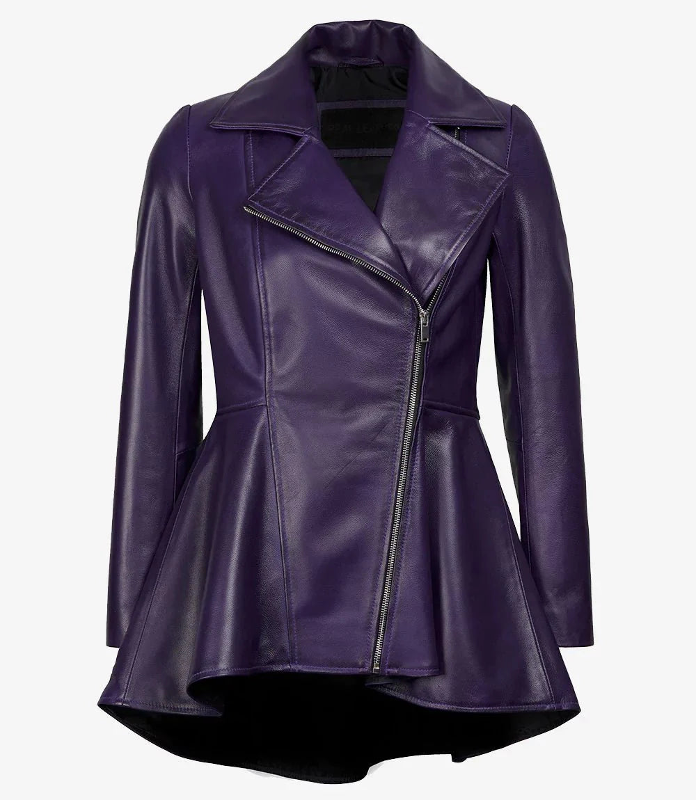 Women's Asymmetrical Purple Peplum Leather Jacket - Rare Leather