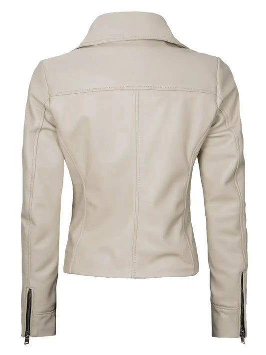 Women's Beige Asymmetrical Biker Real Leather Jacket - Rare Leather