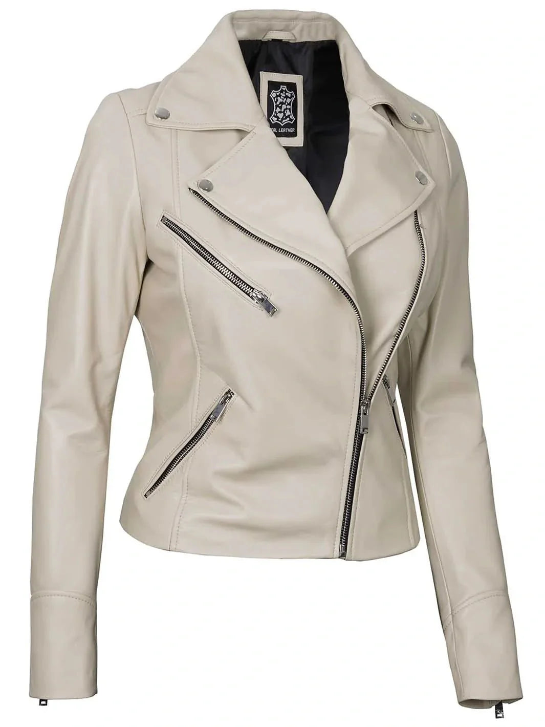 Women's Beige Asymmetrical Biker Real Leather Jacket - Rare Leather