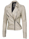 Women's Beige Asymmetrical Biker Real Leather Jacket - Rare Leather