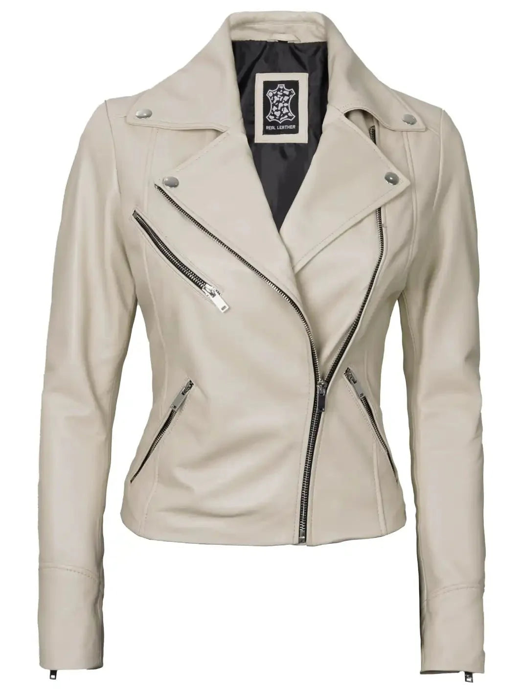 Women's Beige Asymmetrical Biker Real Leather Jacket - Rare Leather