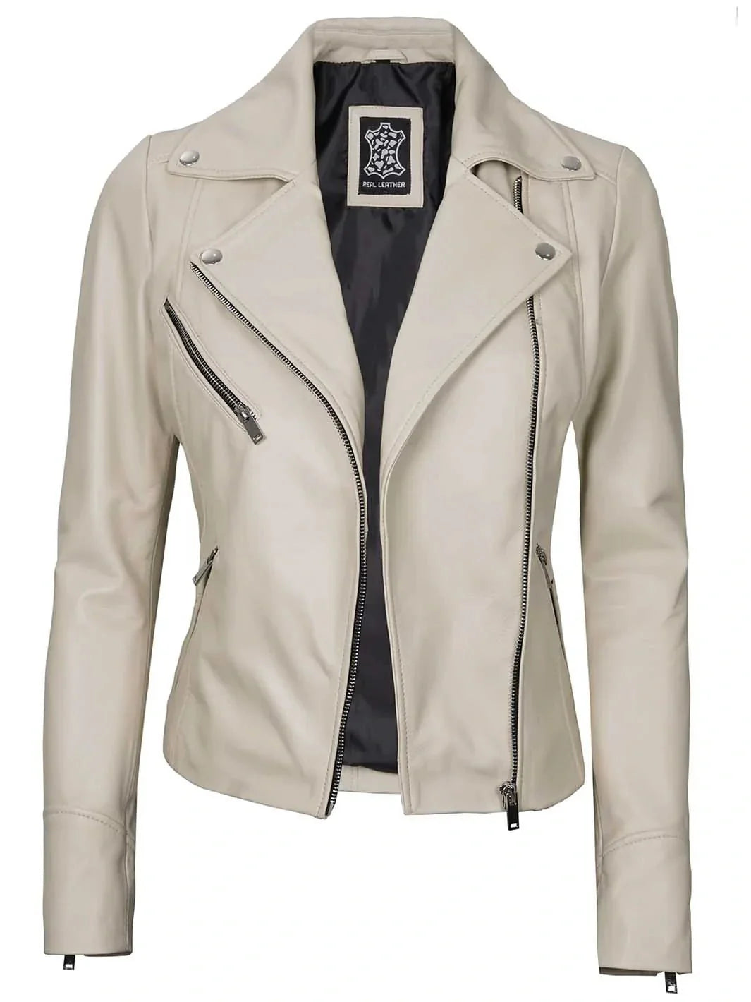 Women's Beige Asymmetrical Biker Real Leather Jacket - Rare Leather