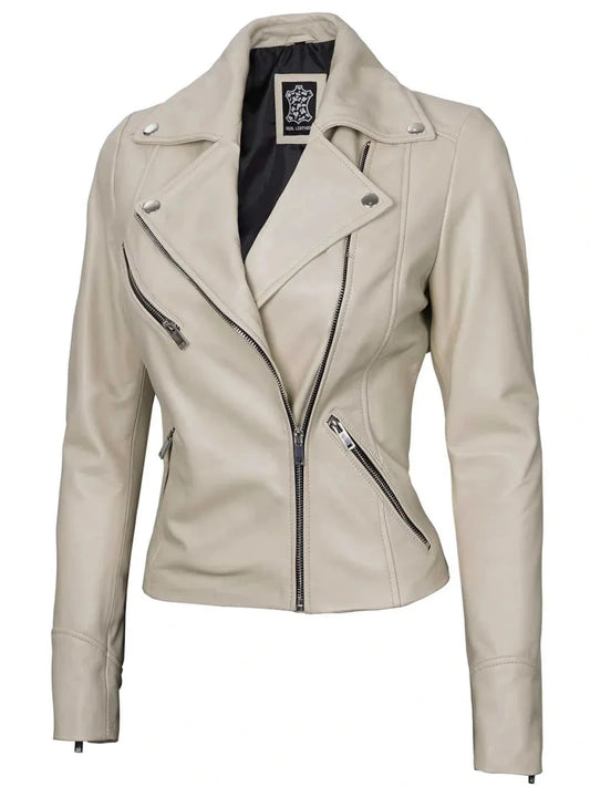 Women's Beige Asymmetrical Biker Real Leather Jacket - Vox Leather