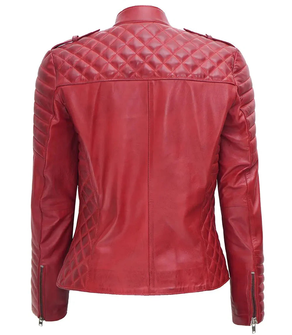 Women's Biker Quilted Red Leather Jacket Asymmetrical - Rare Leather