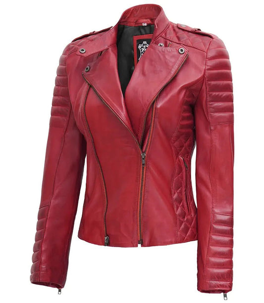 Women's Biker Quilted Red Leather Jacket Asymmetrical - Vox Leather