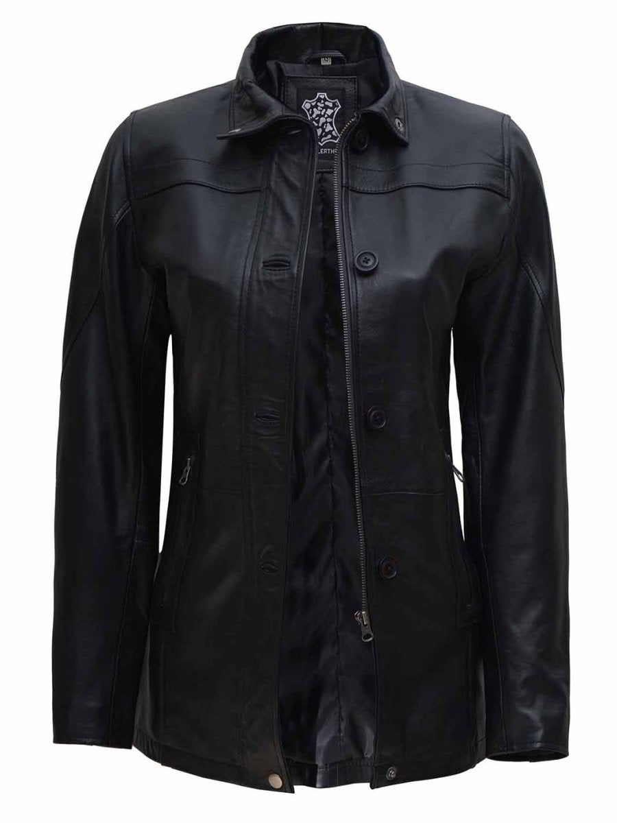 Womens Black 3/4 Length Real Leather Car Coat - Vox Leather