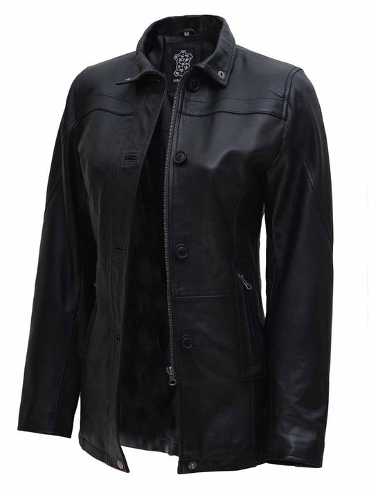 Womens Black 3/4 Length Real Leather Car Coat - Vox Leather
