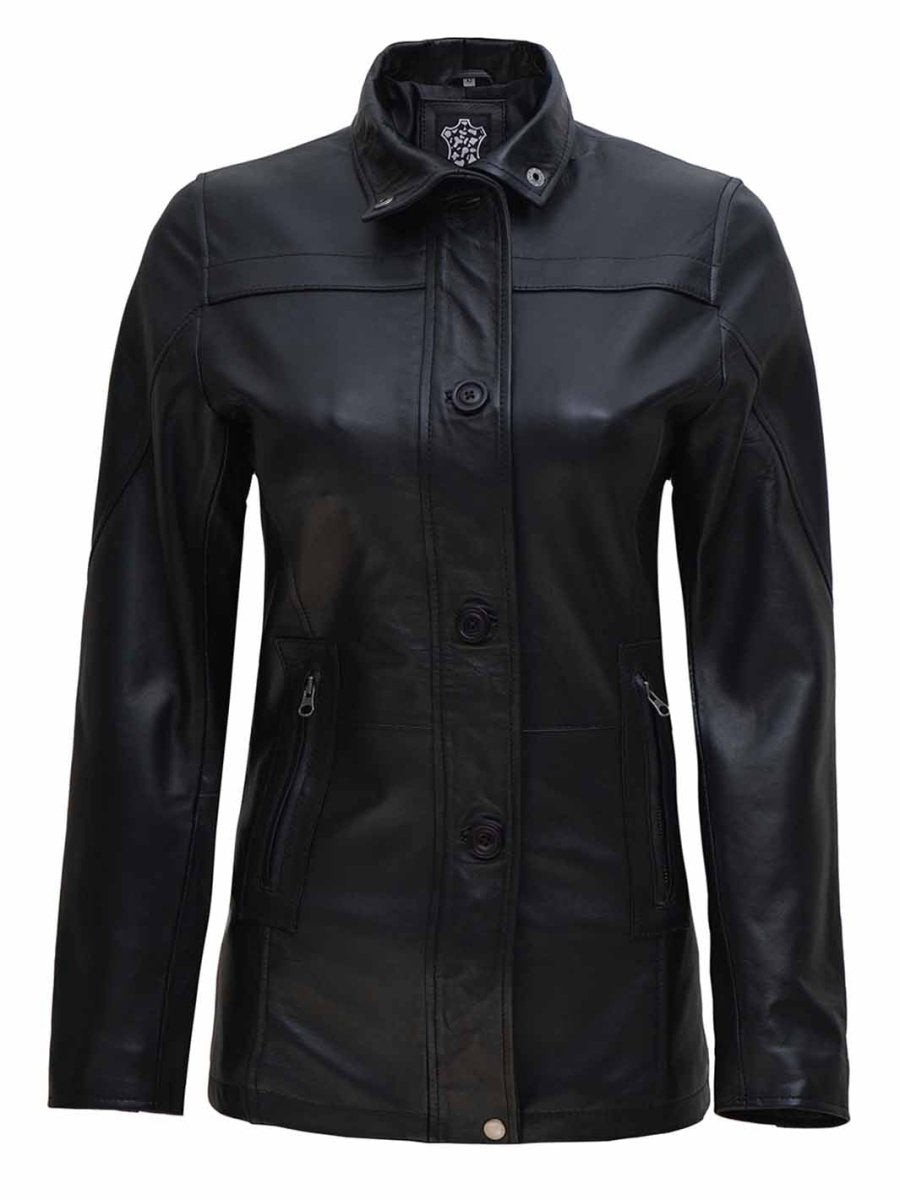 Womens Black 3/4 Length Real Leather Car Coat - Vox Leather