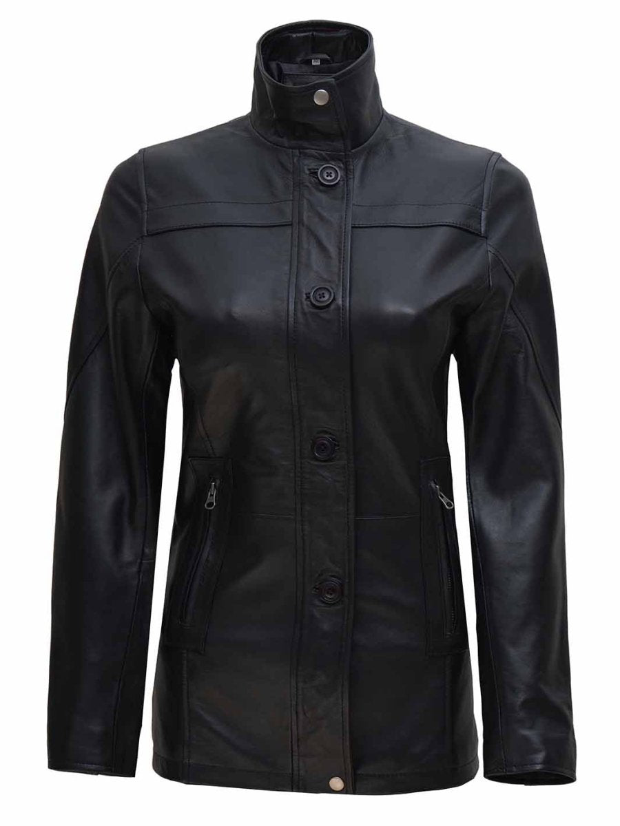 Womens Black 3/4 Length Real Leather Car Coat - Vox Leather