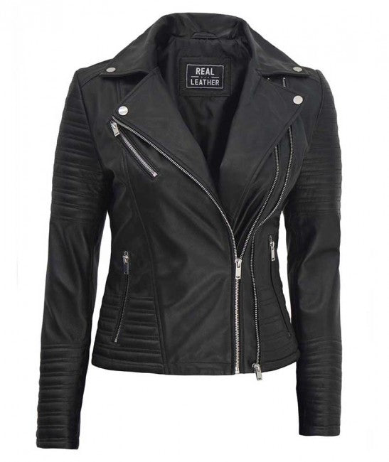 Women's Black Asymmetrical Biker Leather Jacket - Rare Leather